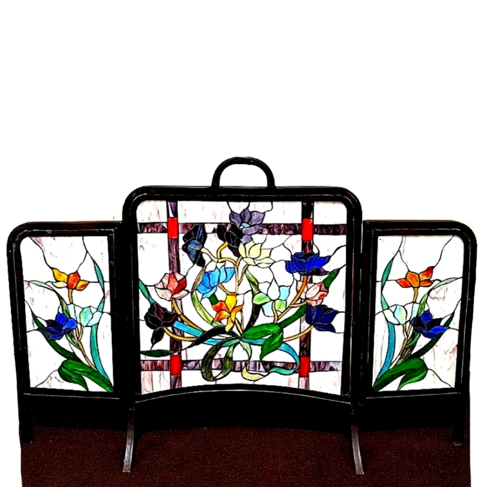 Antique Victorian Stained Glass Fireplace Screen